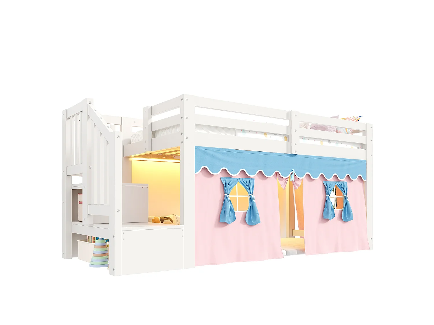 Lit enfant 90 x 200 cm - avec bande lumineuse LED - compartiments de rangement - blanc (matelas non inclus)
