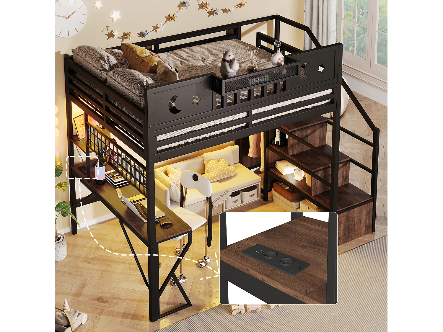 Lit mezzanine 140 x 200 cm avec bureau, panneau perforé, étagères – Métal et MDF – LED + USB – Noir (Sans matelas)