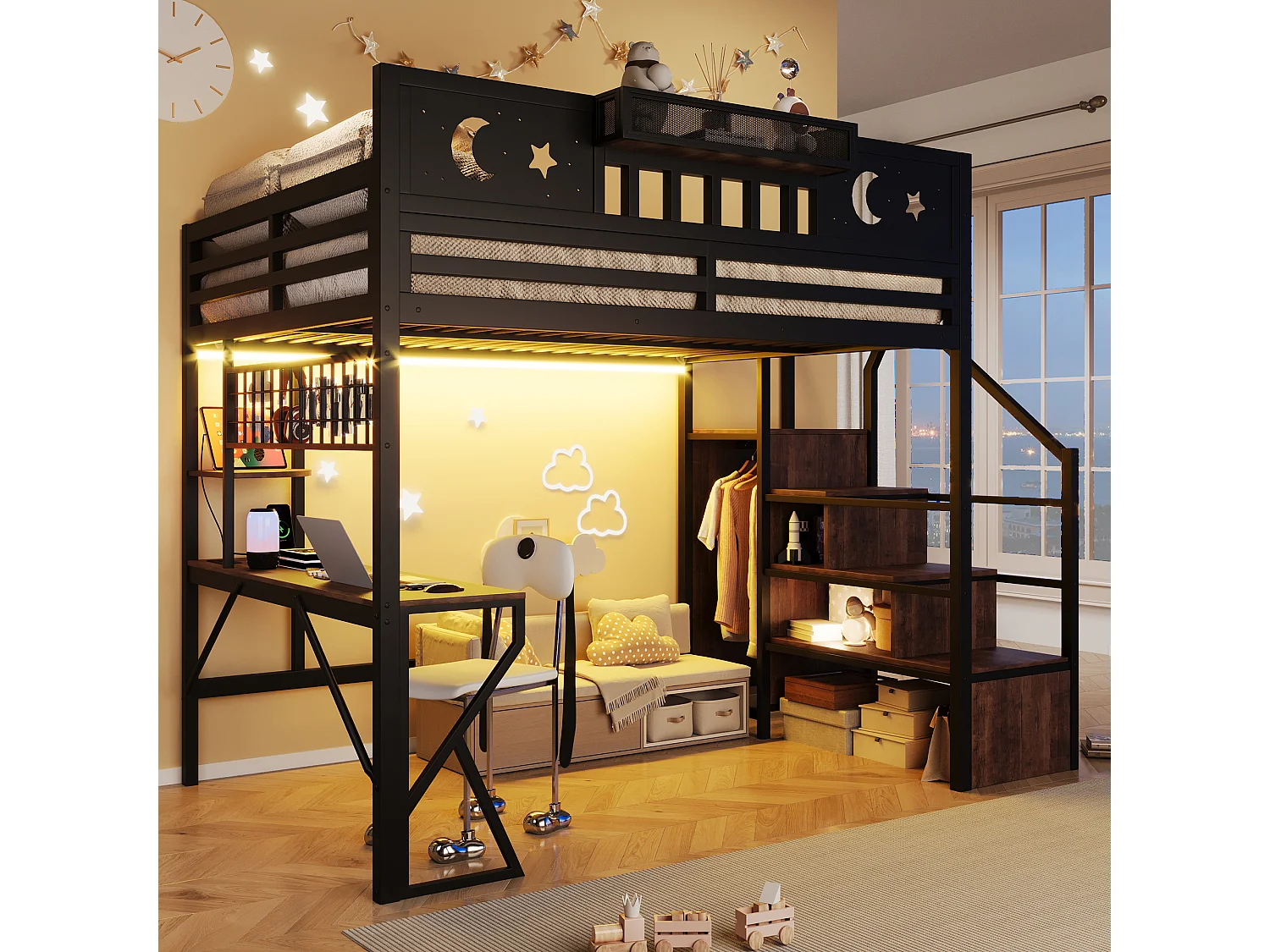 Lit mezzanine 140 x 200 cm avec bureau, panneau perforé, étagères – Métal et MDF – LED + USB – Noir (Sans matelas)