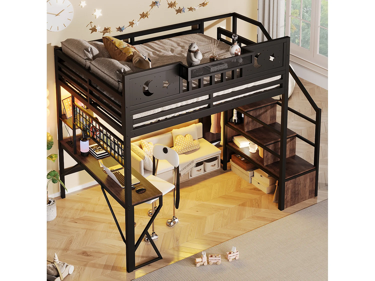 Lit mezzanine 140 x 200 cm avec bureau, panneau perforé, étagères – Métal et MDF – LED + USB – Noir (Sans matelas)