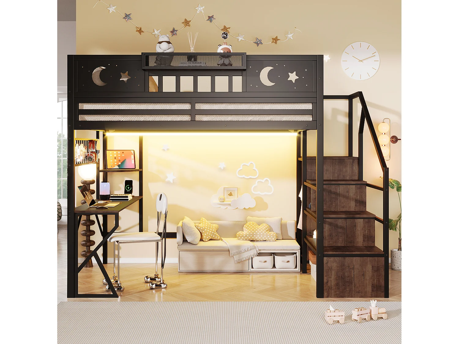 Lit mezzanine 140 x 200 cm avec bureau, panneau perforé, étagères – Métal et MDF – LED + USB – Noir (Sans matelas)