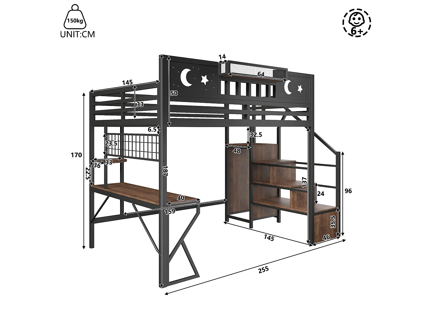 Lit mezzanine 140 x 200 cm avec bureau, panneau perforé, étagères – Métal et MDF – LED + USB – Noir (Sans matelas)
