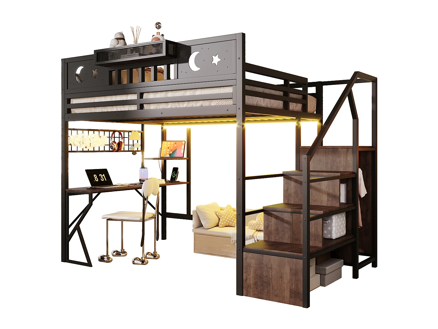 Lit mezzanine 140 x 200 cm avec bureau, panneau perforé, étagères – Métal et MDF – LED + USB – Noir (Sans matelas)
