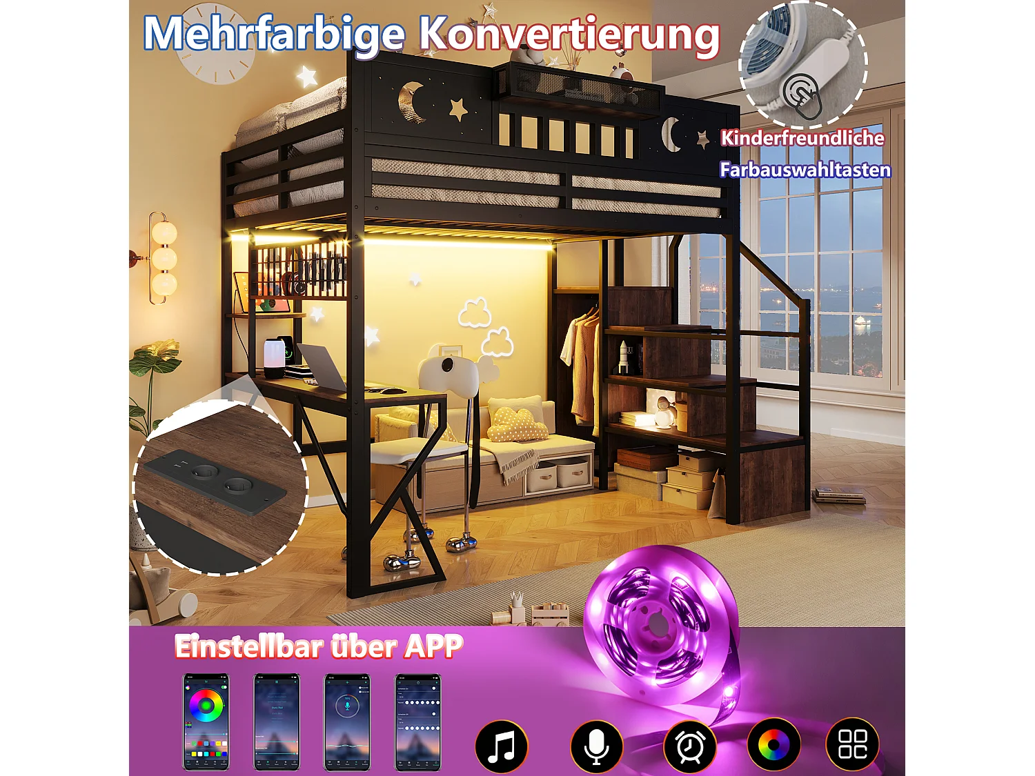 Lit mezzanine 140 x 200 cm avec bureau, panneau perforé, étagères – Métal et MDF – LED + USB – Noir (Sans matelas)