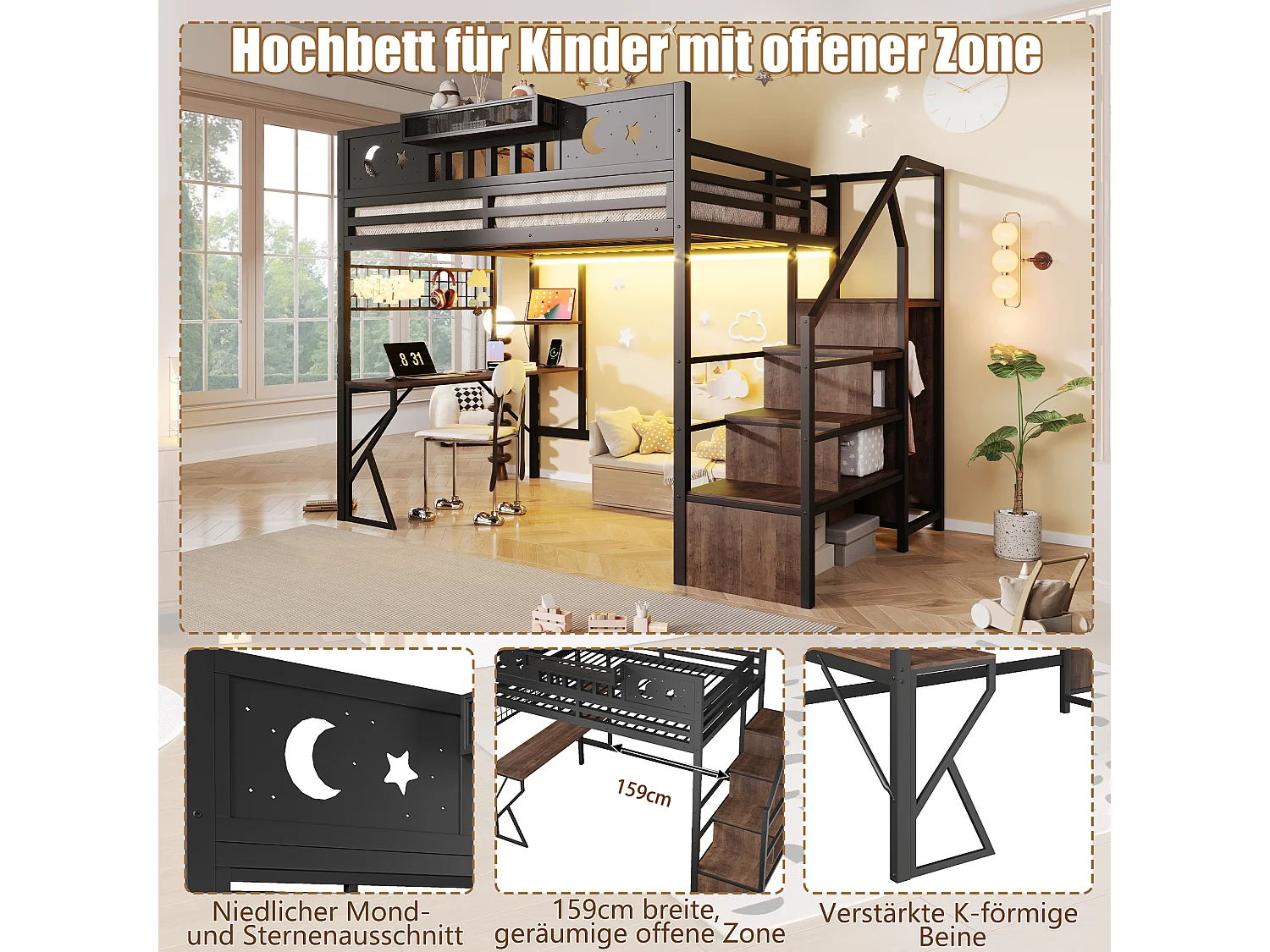 Lit mezzanine 140 x 200 cm avec bureau, panneau perforé, étagères – Métal et MDF – LED + USB – Noir (Sans matelas)