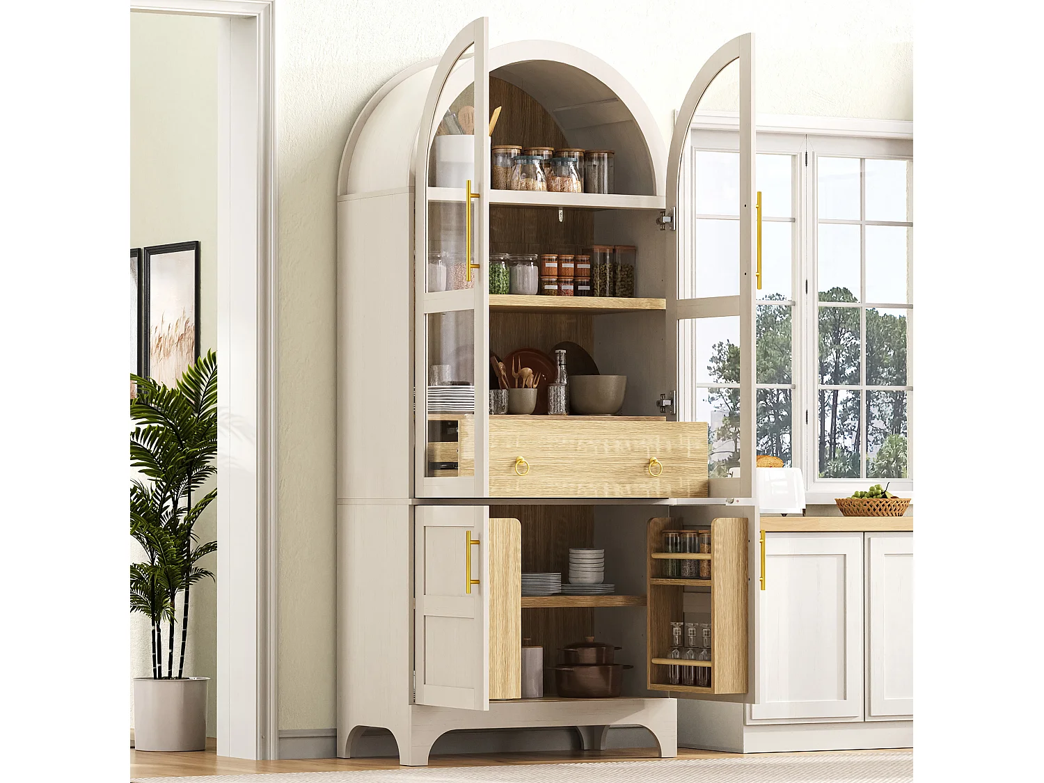 Nowoczesny bufet kuchenny 76x40x180cm - 2 drzwi przeszklone i 2 drzwi z półkami - z regulowaną półką i szufladą - Biały