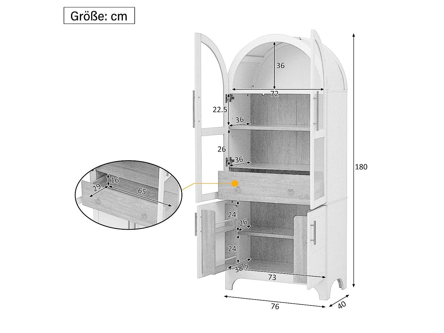 Nowoczesny bufet kuchenny 76x40x180cm - 2 drzwi przeszklone i 2 drzwi z półkami - z regulowaną półką i szufladą - Biały