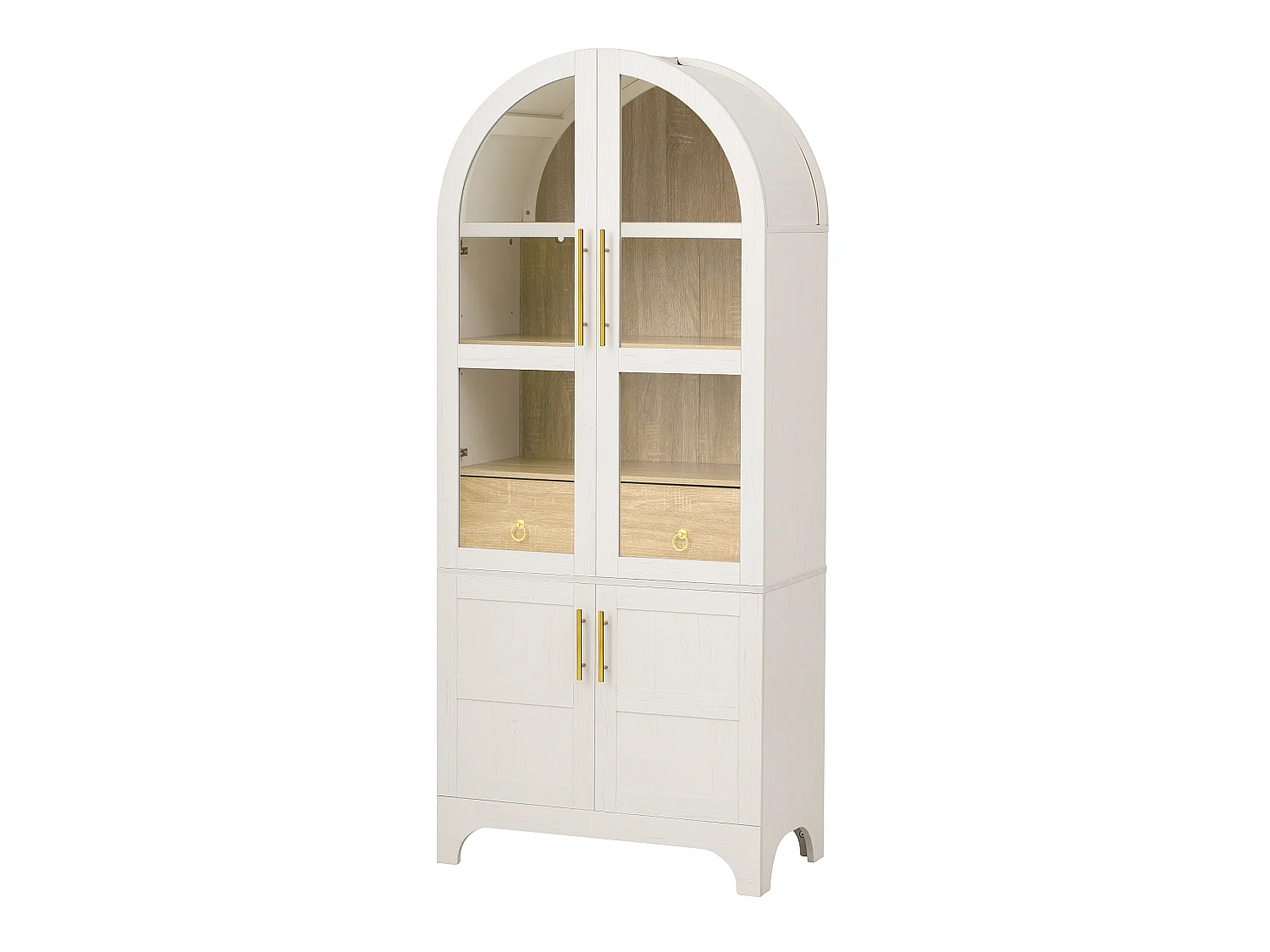 Nowoczesny bufet kuchenny 76x40x180cm - 2 drzwi przeszklone i 2 drzwi z półkami - z regulowaną półką i szufladą - Biały