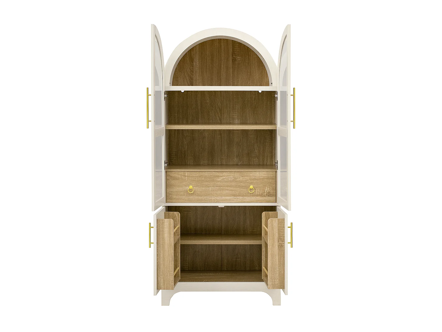 Nowoczesny bufet kuchenny 76x40x180cm - 2 drzwi przeszklone i 2 drzwi z półkami - z regulowaną półką i szufladą - Biały