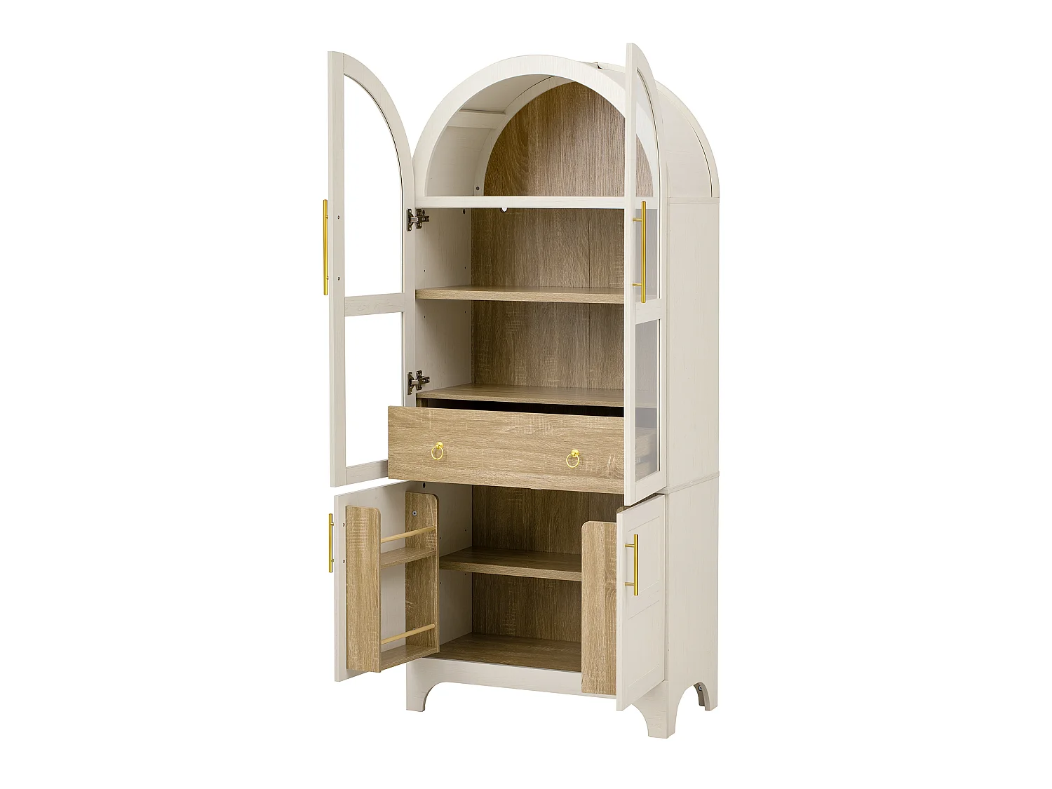 Nowoczesny bufet kuchenny 76x40x180cm - 2 drzwi przeszklone i 2 drzwi z półkami - z regulowaną półką i szufladą - Biały