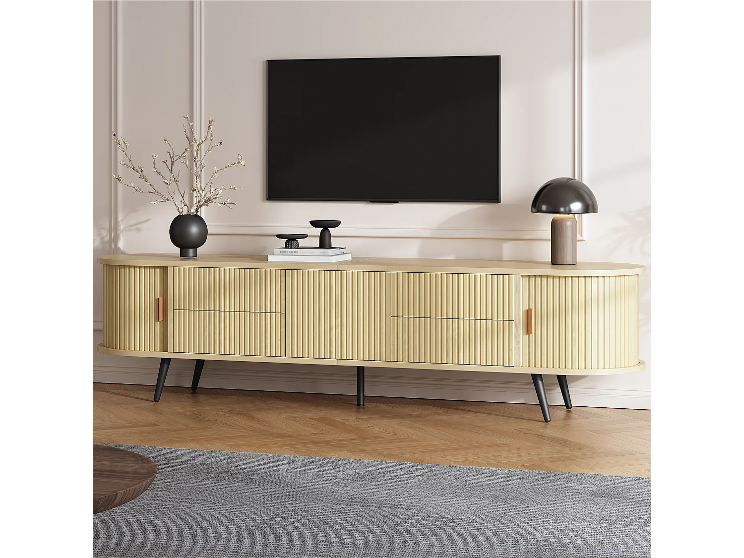 Meuble TV ovale 180x40x45 cm - 4 tiroirs et 2 portes coulissantes - Motif à rayures verticales - MDF - Naturel