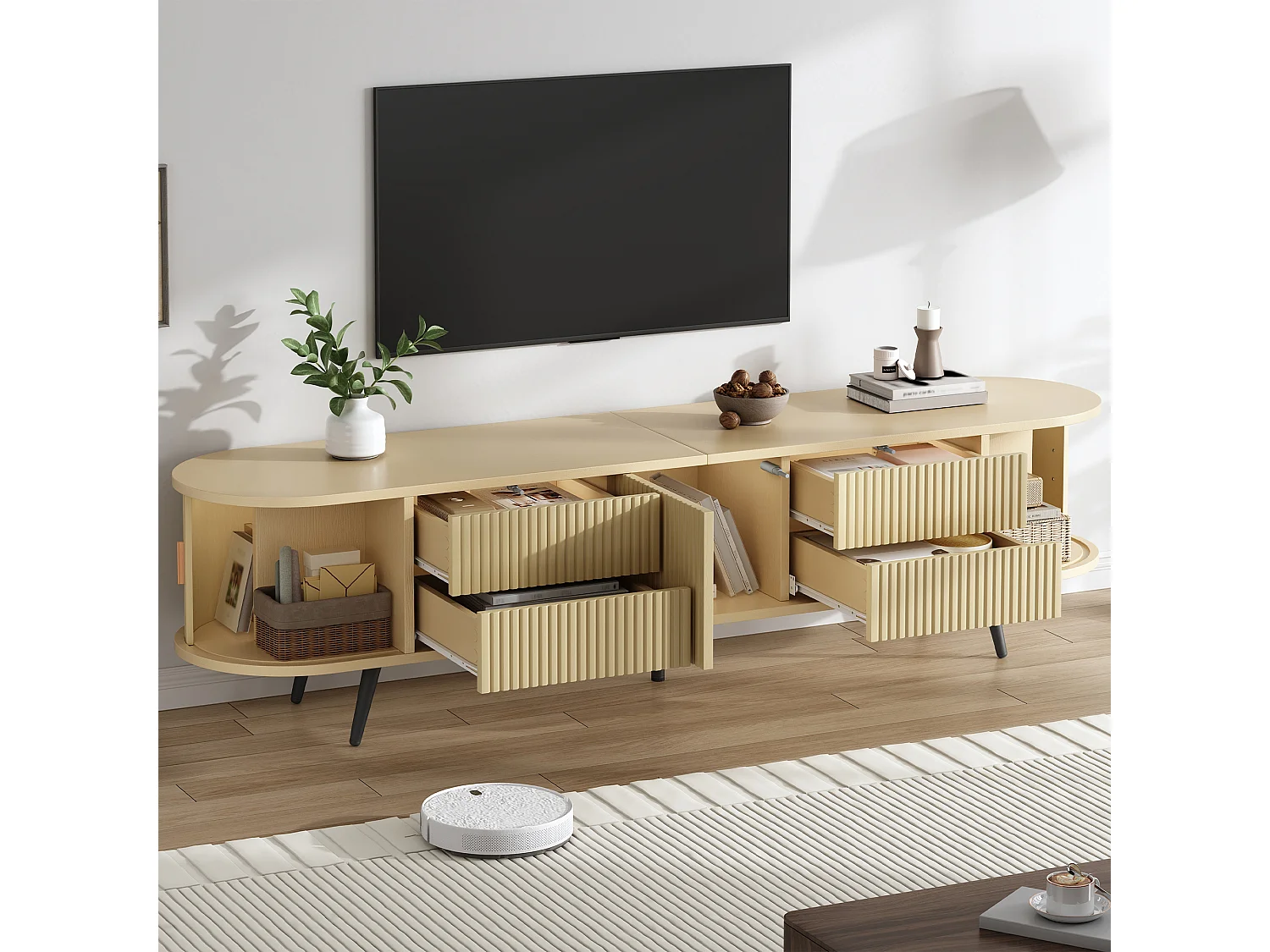 Meuble TV ovale 180x40x45 cm - 4 tiroirs et 2 portes coulissantes - Motif à rayures verticales - MDF - Naturel
