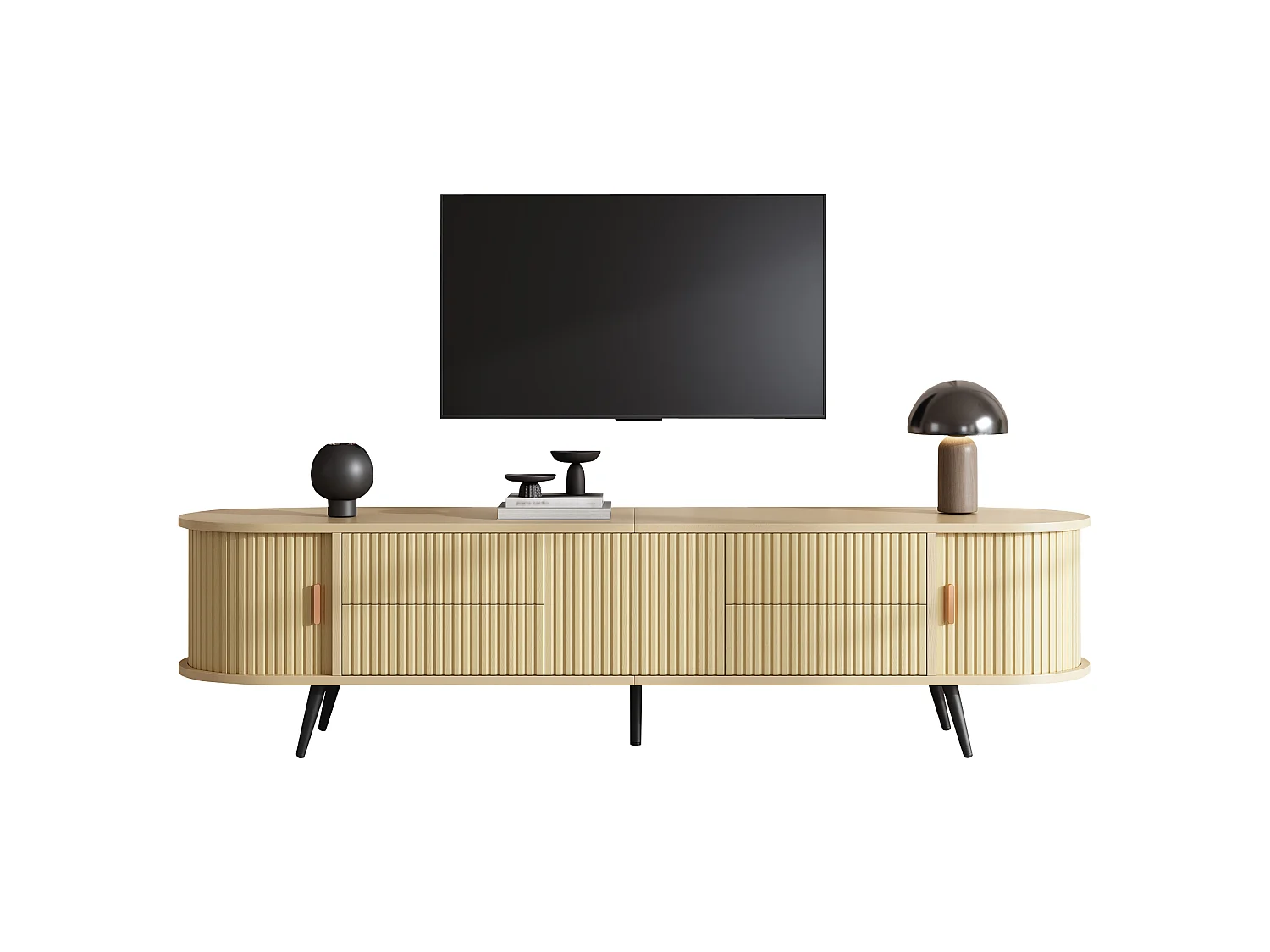 Meuble TV ovale 180x40x45 cm - 4 tiroirs et 2 portes coulissantes - Motif à rayures verticales - MDF - Naturel