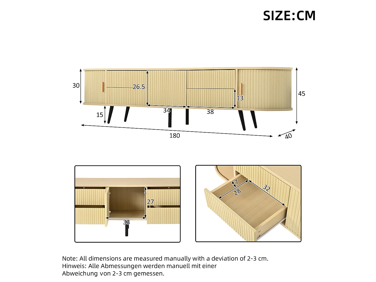 Meuble TV ovale 180x40x45 cm - 4 tiroirs et 2 portes coulissantes - Motif à rayures verticales - MDF - Naturel