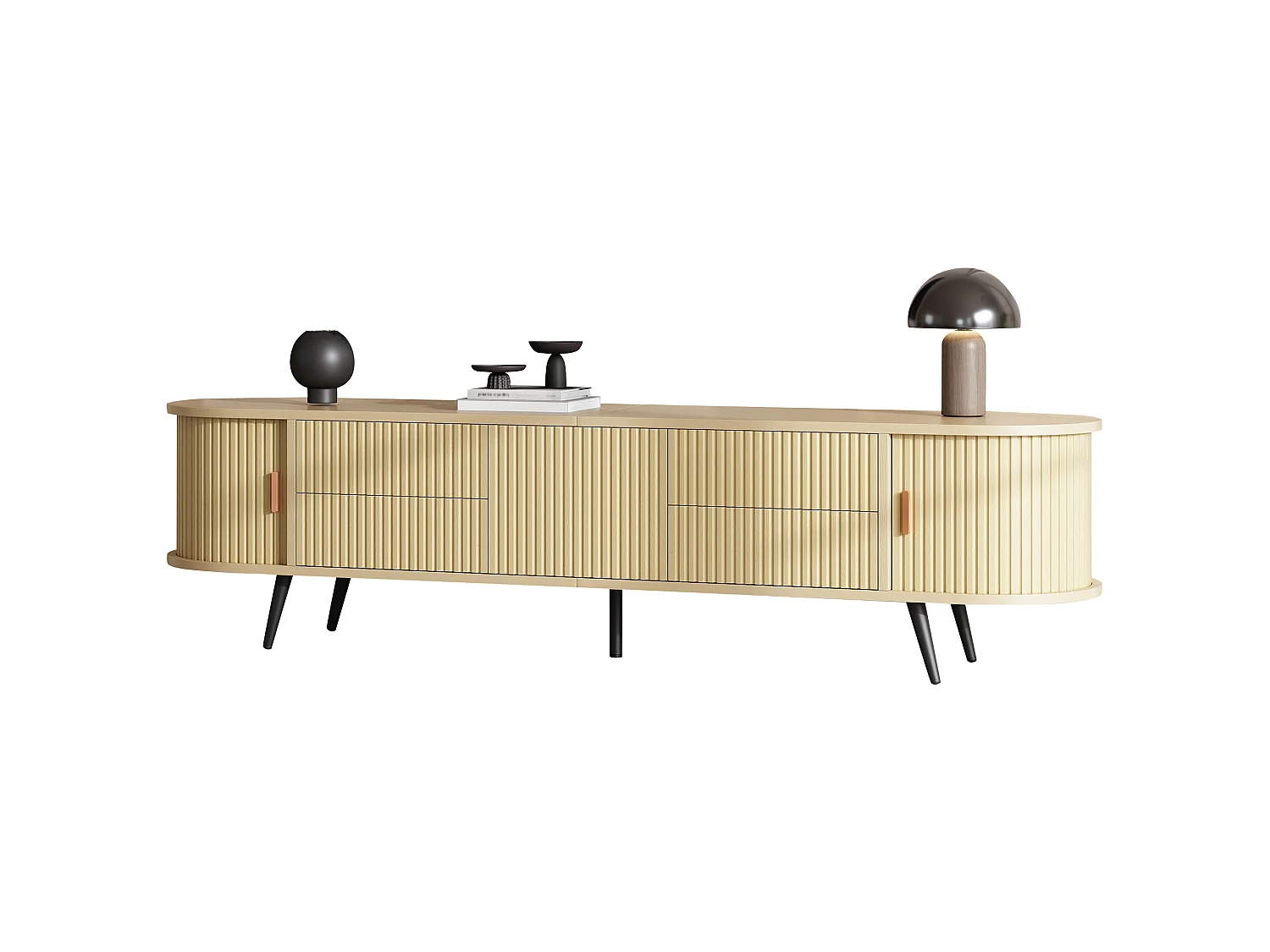 Meuble TV ovale 180x40x45 cm - 4 tiroirs et 2 portes coulissantes - Motif à rayures verticales - MDF - Naturel