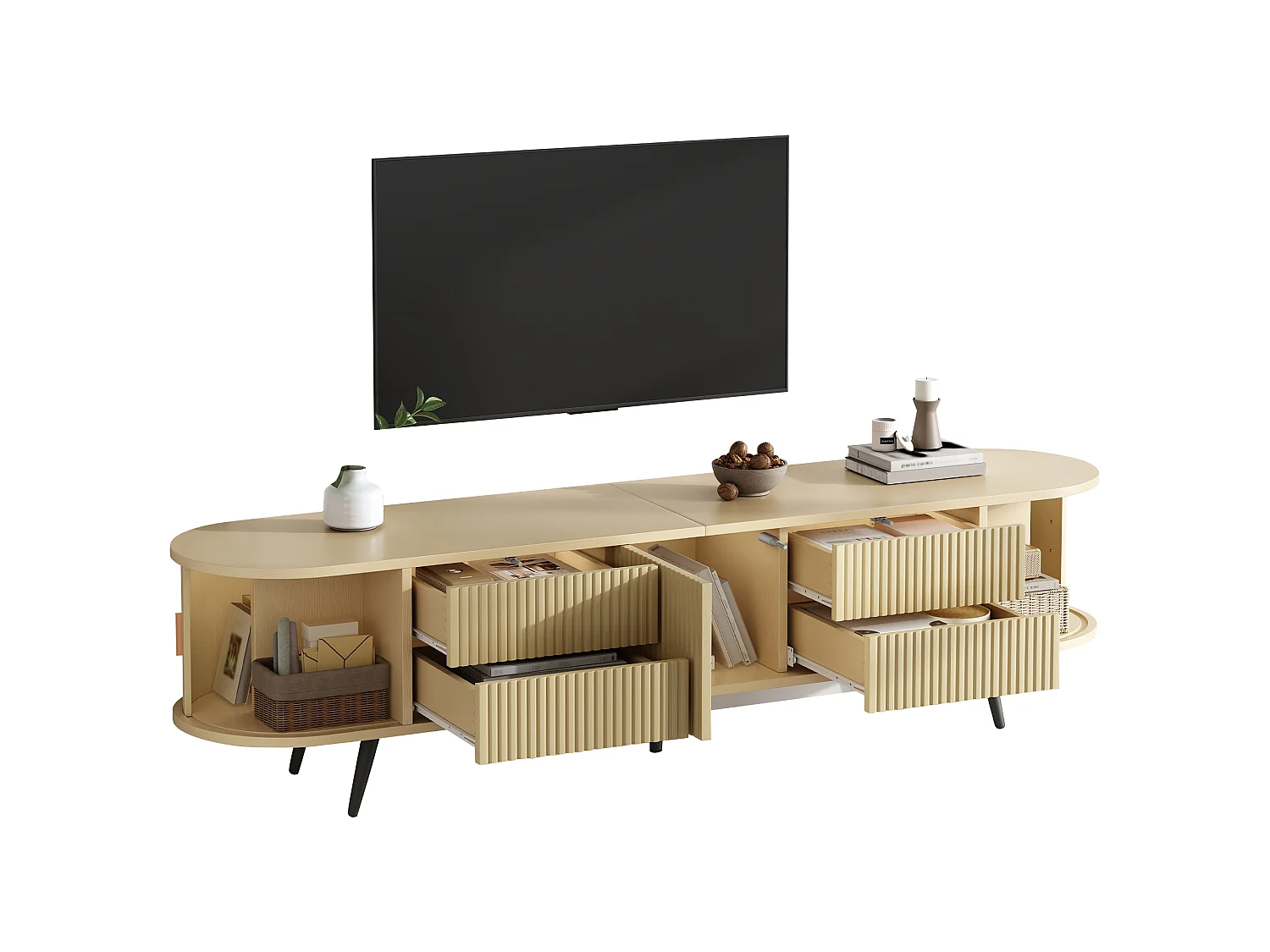 Meuble TV ovale 180x40x45 cm - 4 tiroirs et 2 portes coulissantes - Motif à rayures verticales - MDF - Naturel