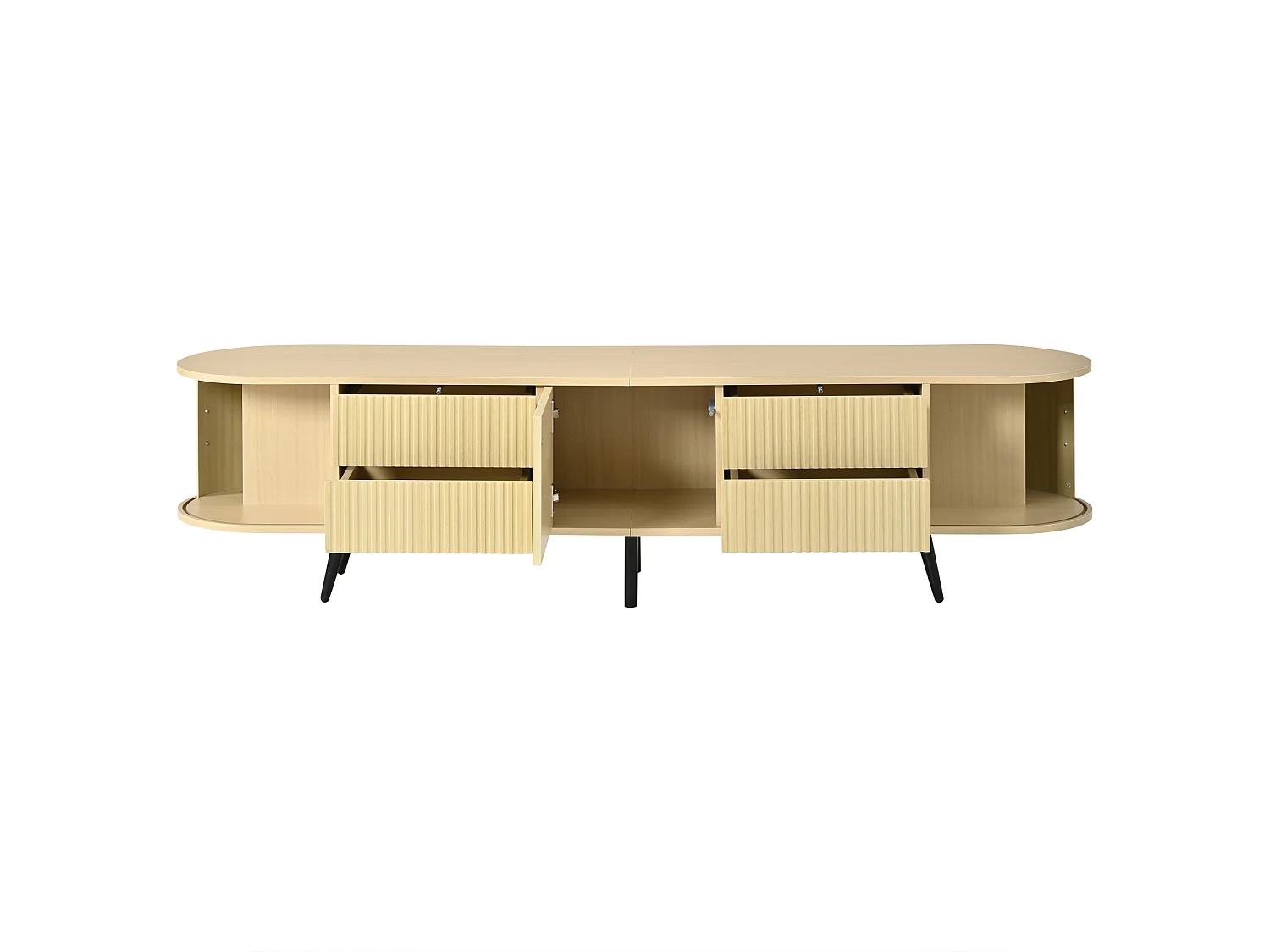 Meuble TV ovale 180x40x45 cm - 4 tiroirs et 2 portes coulissantes - Motif à rayures verticales - MDF - Naturel