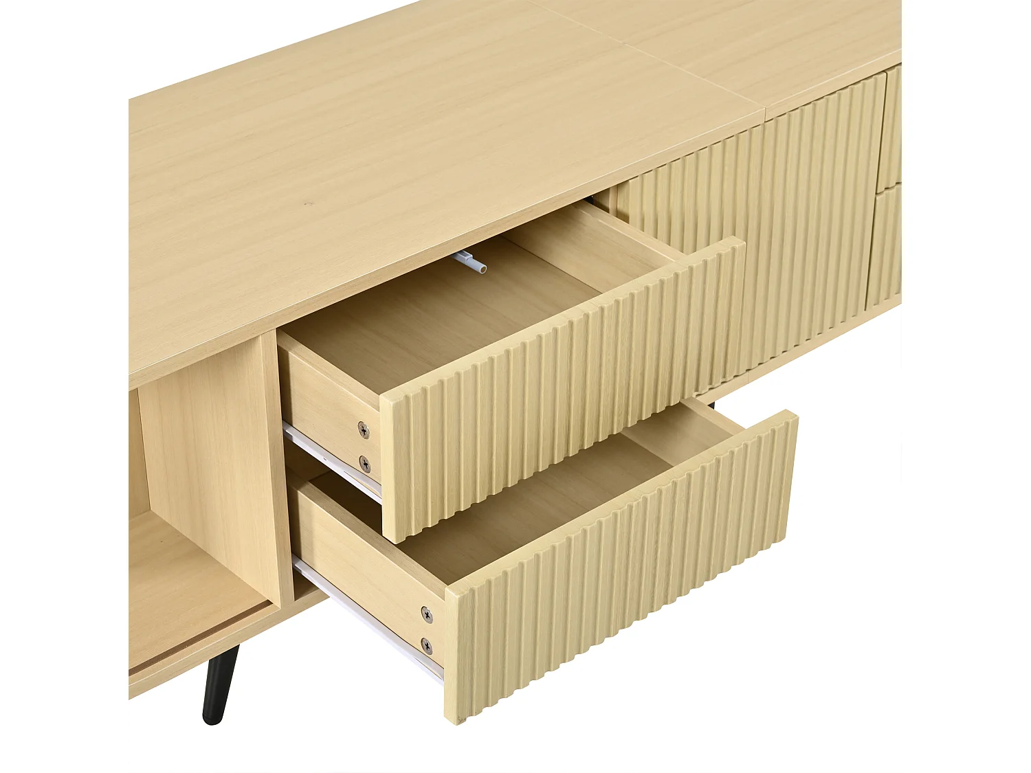 Meuble TV ovale 180x40x45 cm - 4 tiroirs et 2 portes coulissantes - Motif à rayures verticales - MDF - Naturel