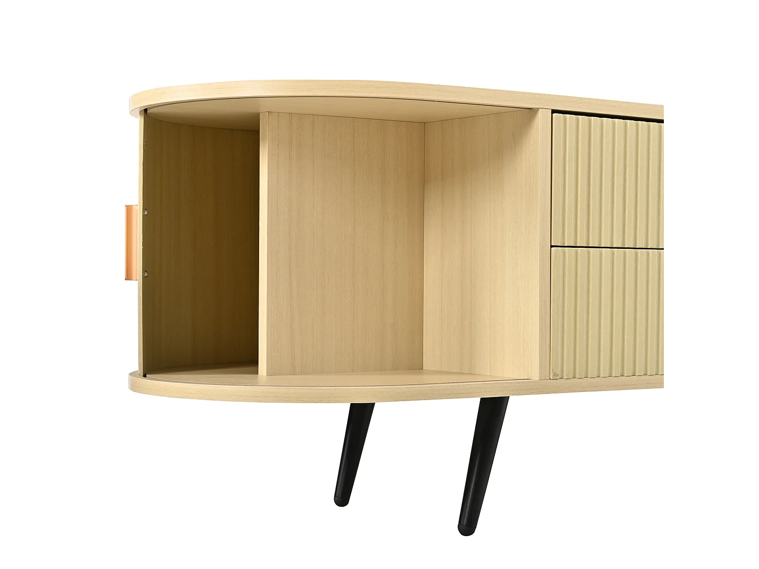 Meuble TV ovale 180x40x45 cm - 4 tiroirs et 2 portes coulissantes - Motif à rayures verticales - MDF - Naturel