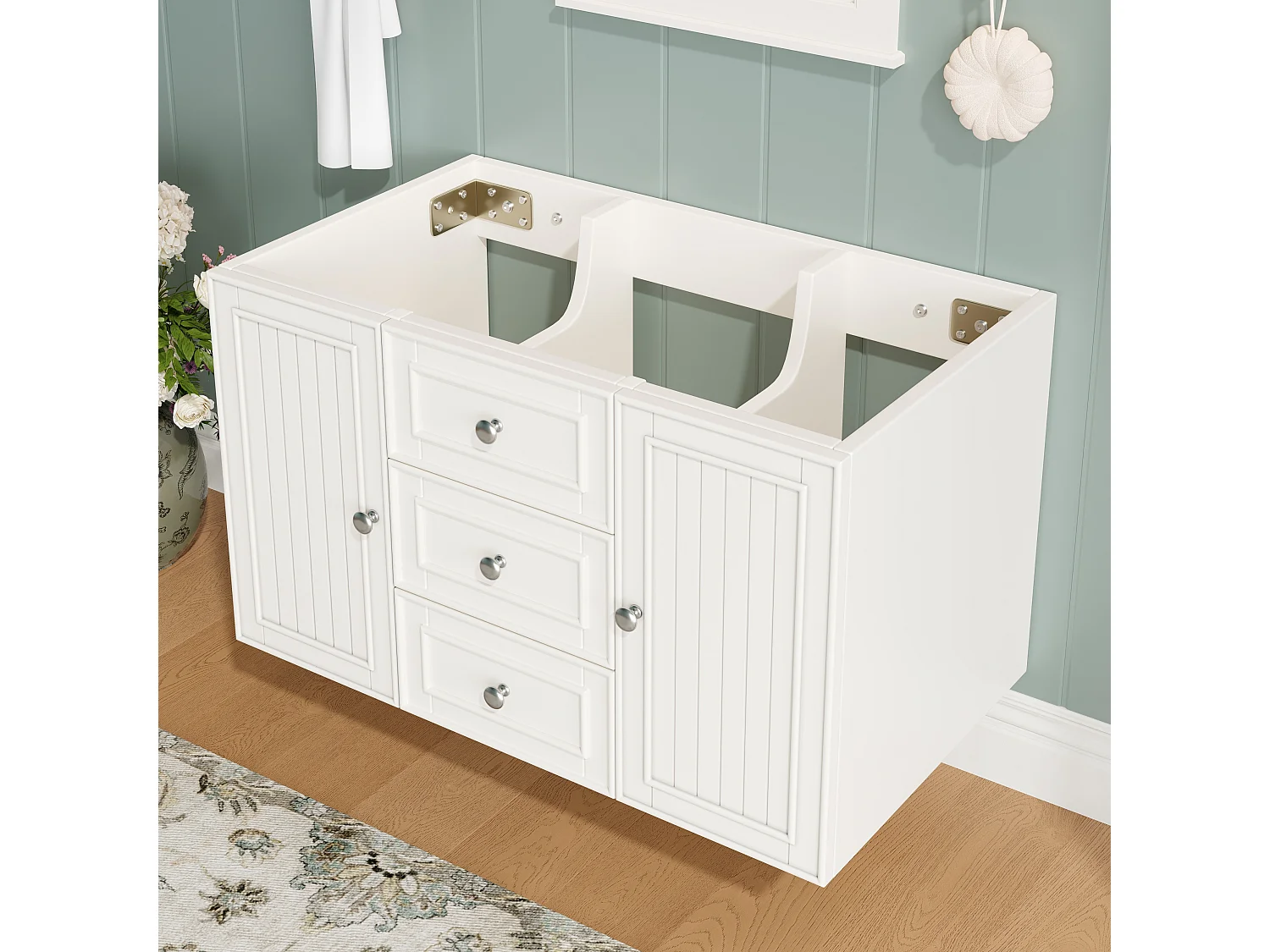 Meuble de salle de bain avec 2 portes et 3 tiroirs, meuble sous-vasque suspendu - 78.5 x 46 x 46.8 cm - MDF - Blanc (sans lavabo)