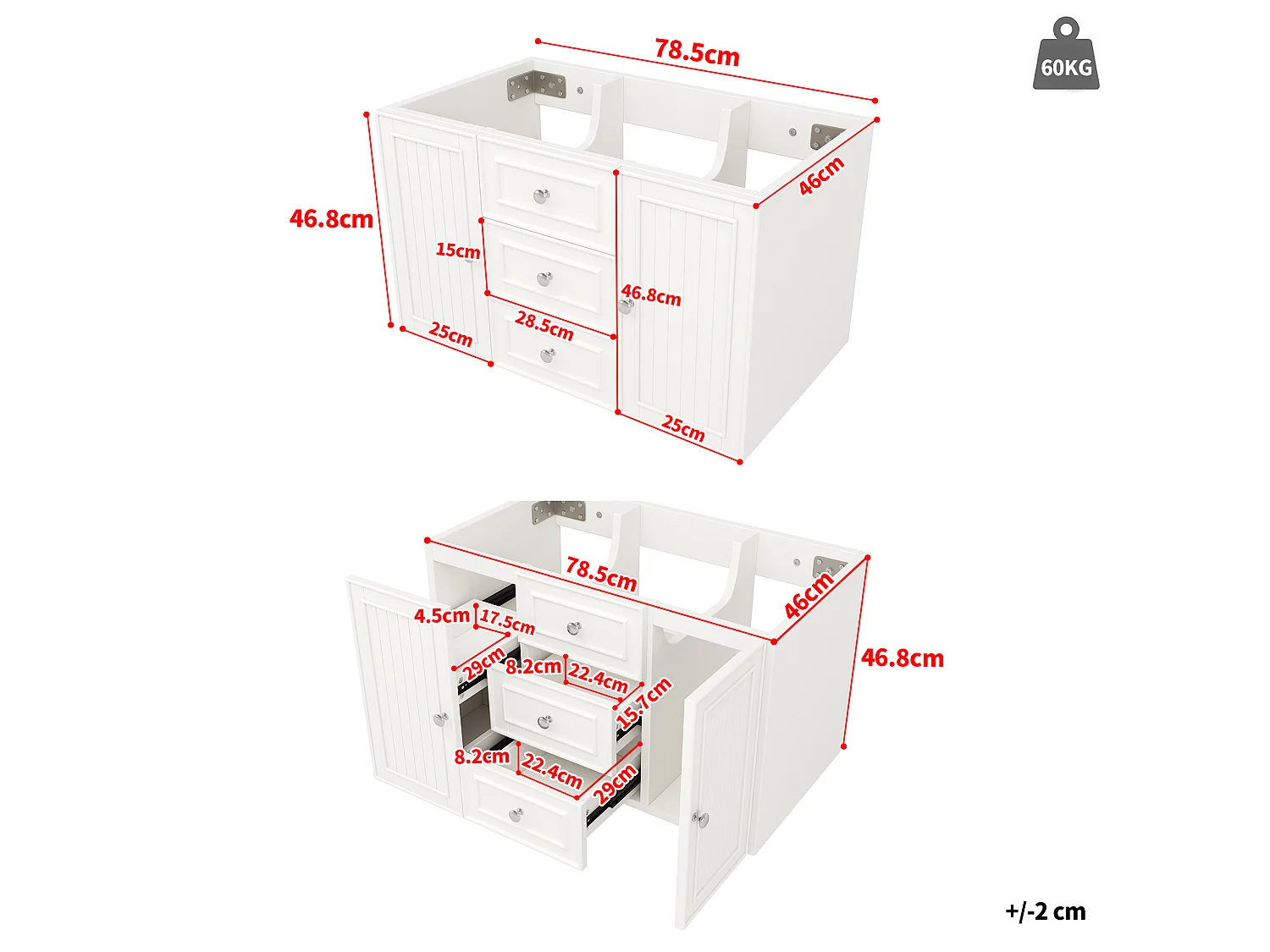 Meuble de salle de bain avec 2 portes et 3 tiroirs, meuble sous-vasque suspendu - 78.5 x 46 x 46.8 cm - MDF - Blanc (sans lavabo)
