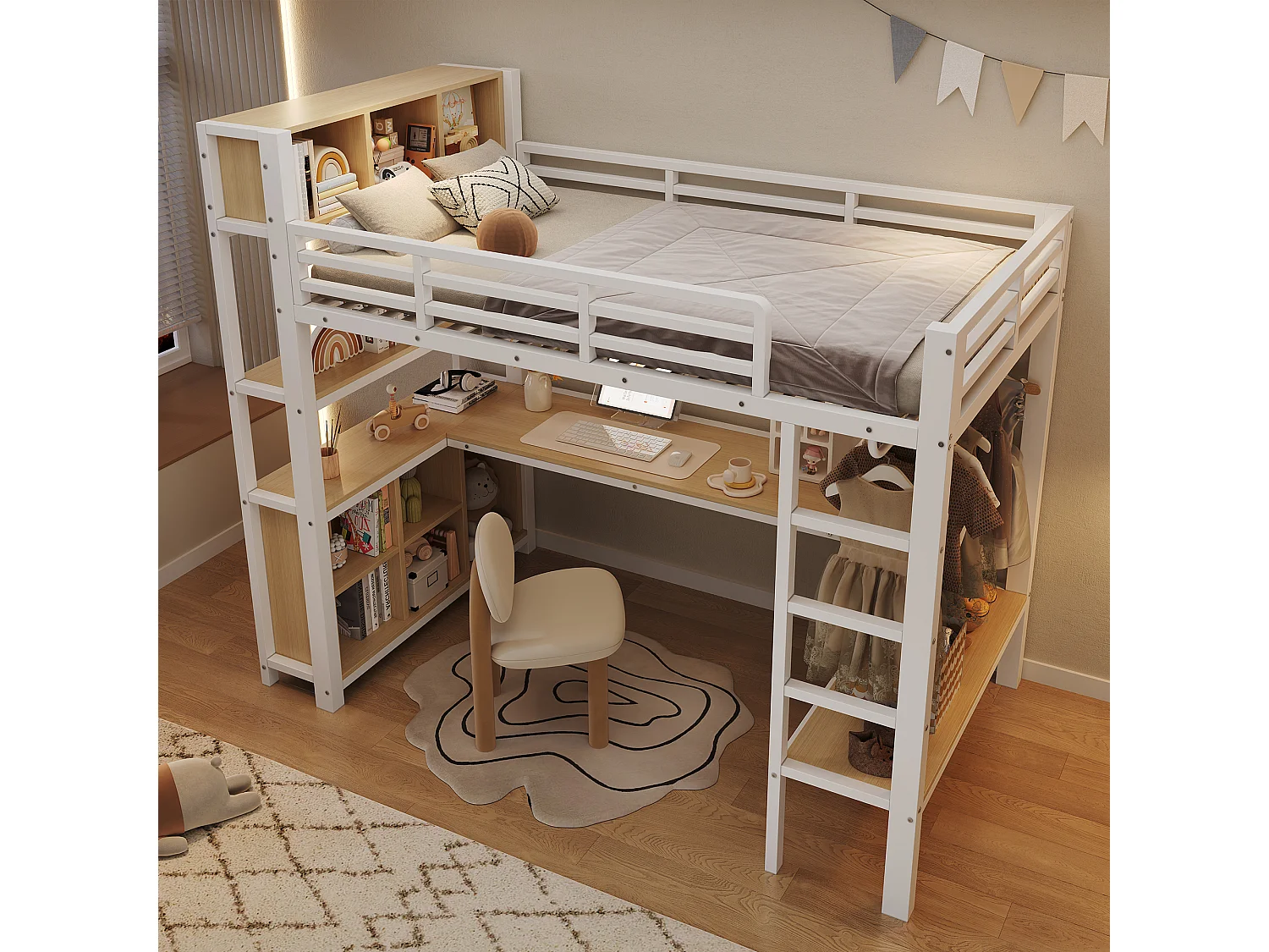 Lit mezzanine 90 x 200 cm - avec table - avec penderie - avec étagère - blanc (matelas non inclus)