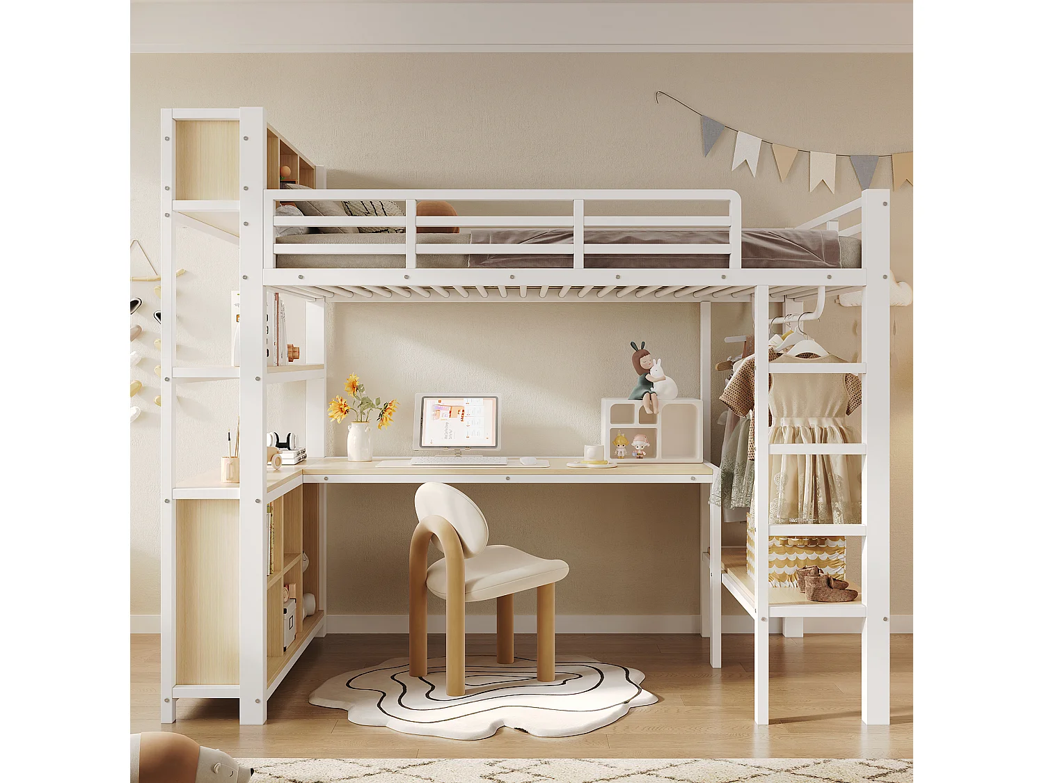 Lit mezzanine 90 x 200 cm - avec table - avec penderie - avec étagère - blanc (matelas non inclus)