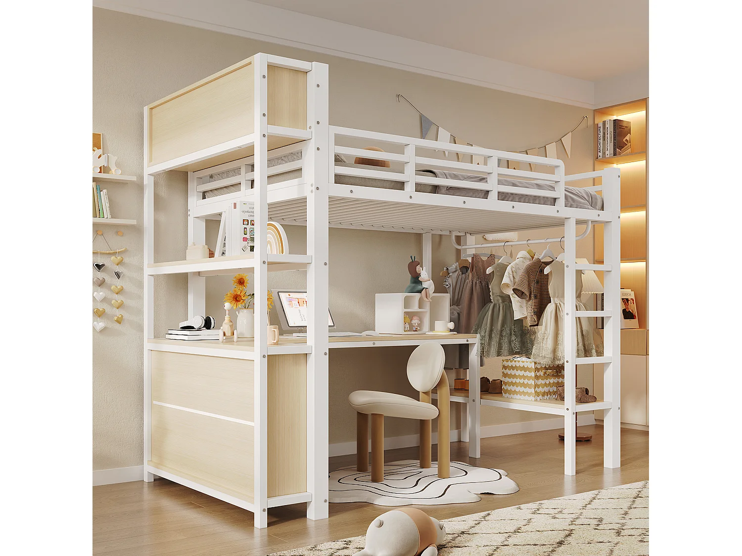 Lit mezzanine 90 x 200 cm - avec table - avec penderie - avec étagère - blanc (matelas non inclus)