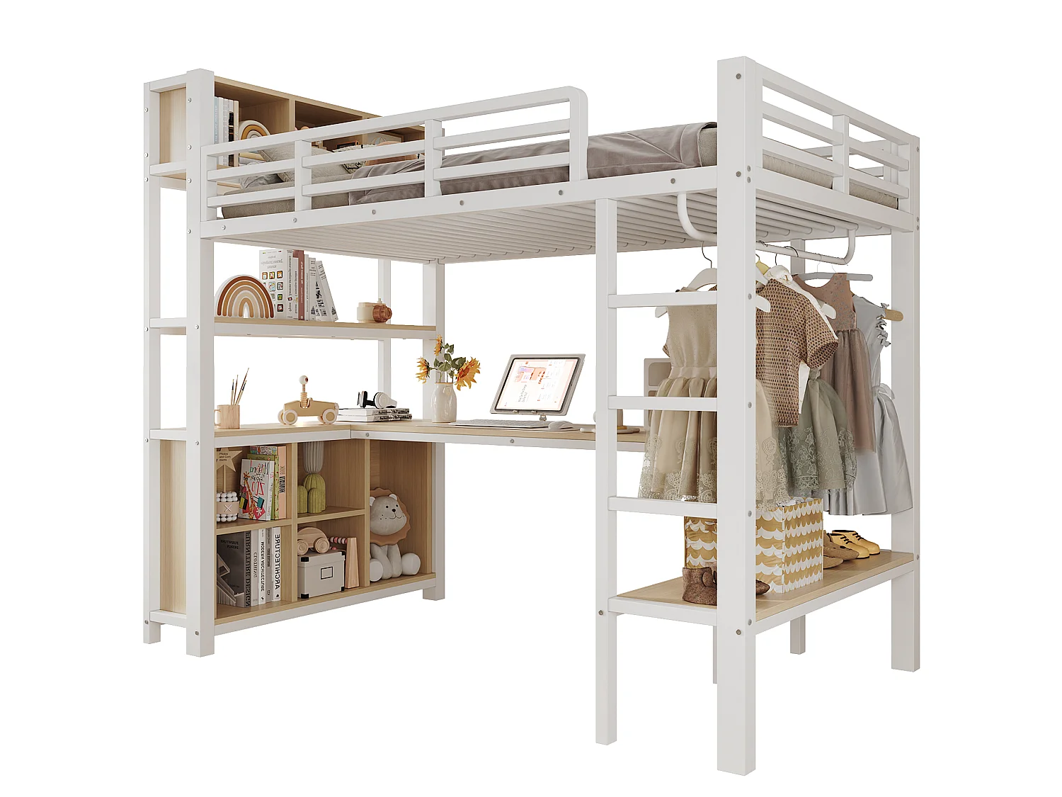 Lit mezzanine 90 x 200 cm - avec table - avec penderie - avec étagère - blanc (matelas non inclus)