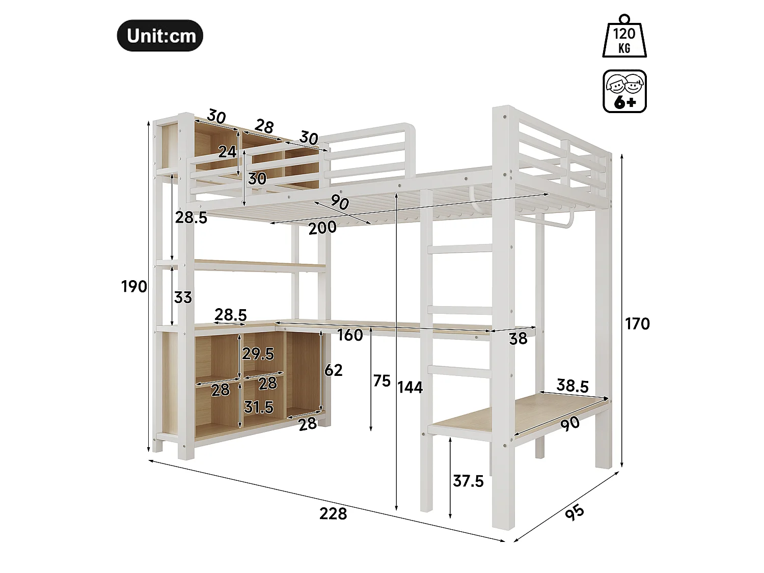 Lit mezzanine 90 x 200 cm - avec table - avec penderie - avec étagère - blanc (matelas non inclus)