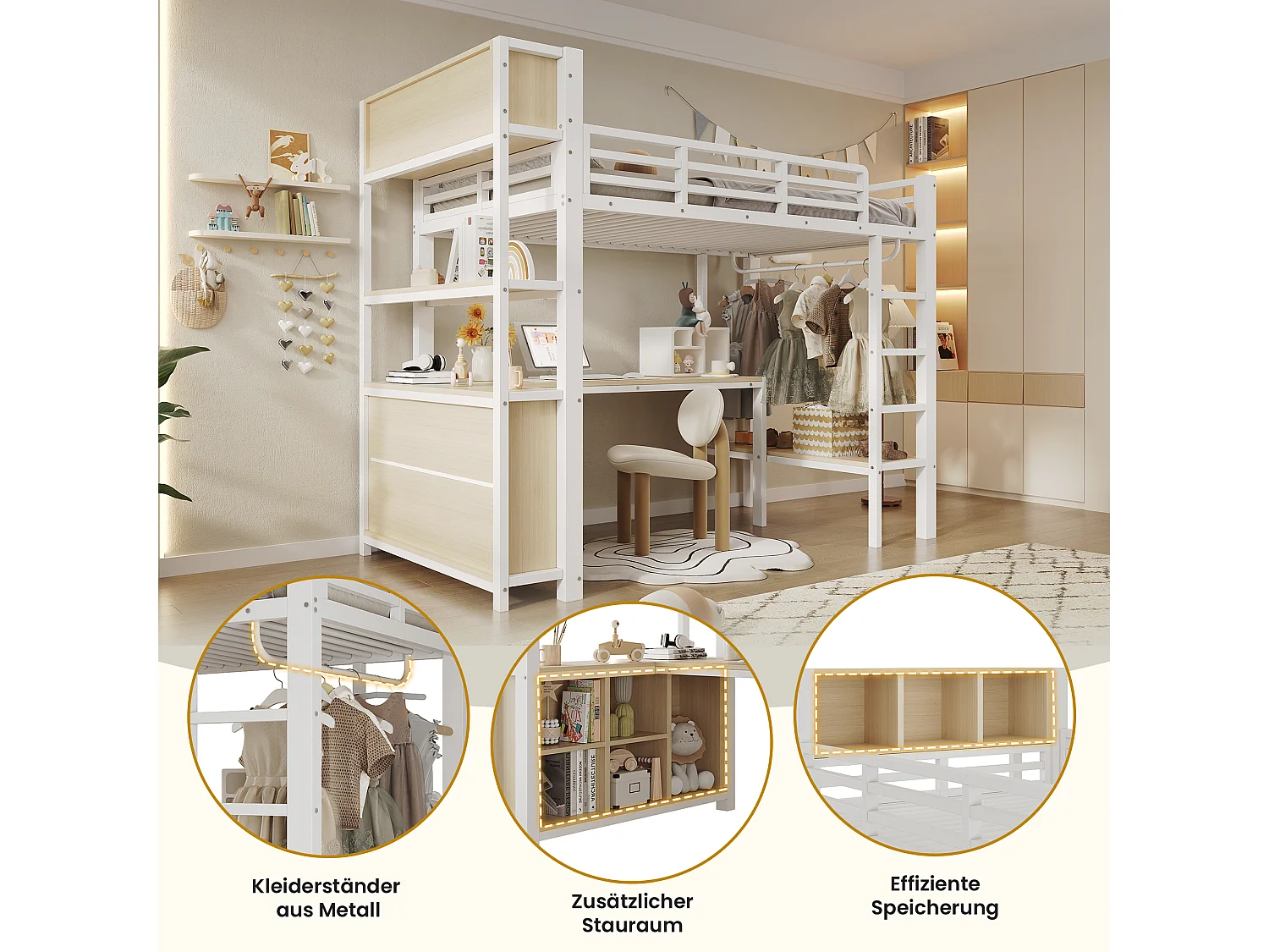 Lit mezzanine 90 x 200 cm - avec table - avec penderie - avec étagère - blanc (matelas non inclus)