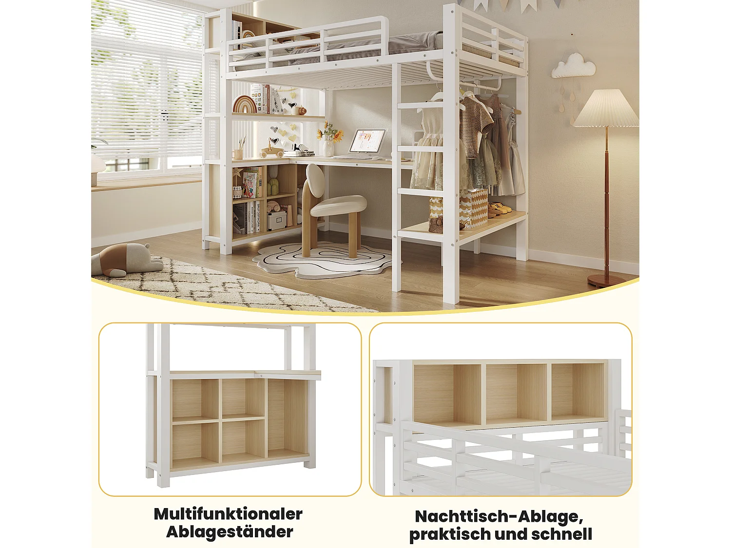 Lit mezzanine 90 x 200 cm - avec table - avec penderie - avec étagère - blanc (matelas non inclus)