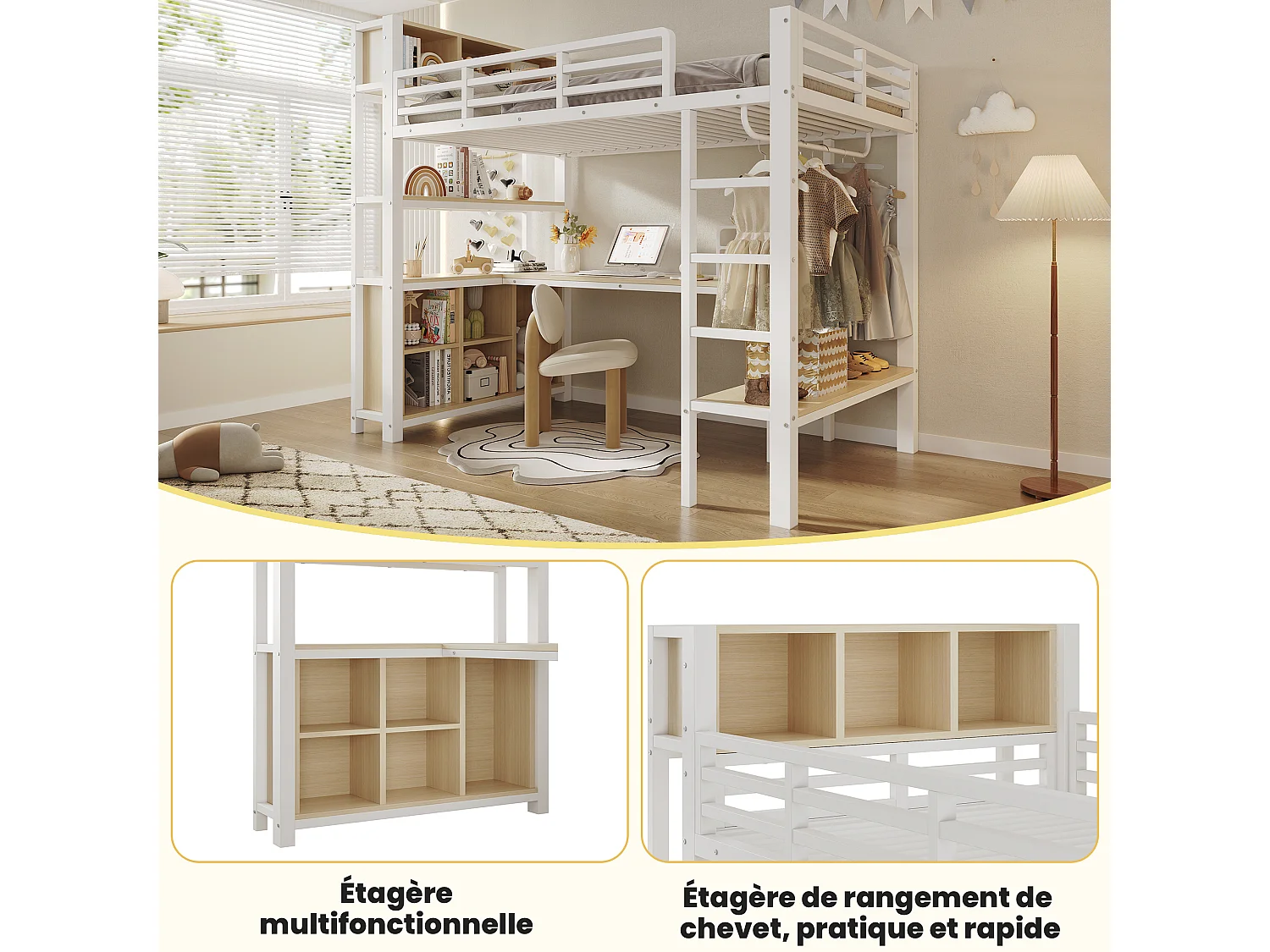 Lit mezzanine 90 x 200 cm - avec table - avec penderie - avec étagère - blanc (matelas non inclus)