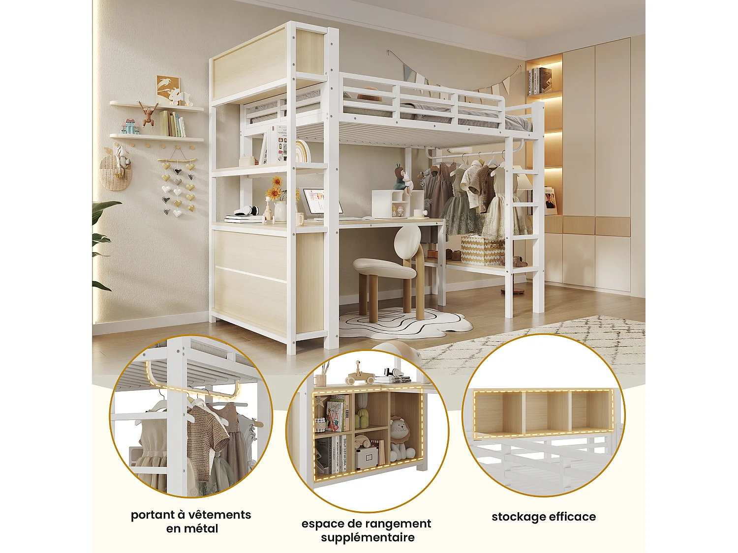 Lit mezzanine 90 x 200 cm - avec table - avec penderie - avec étagère - blanc (matelas non inclus)