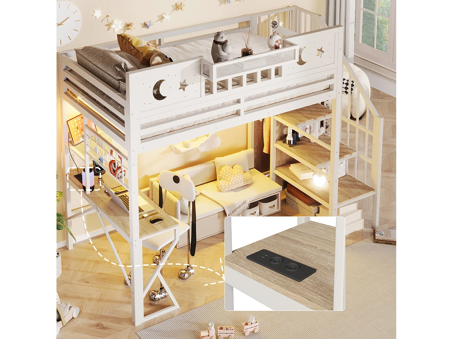 Lit mezzanine 90 x 200 cm avec bureau, panneau perforé, étagères – Métal et MDF – LED + USB –  Blanc (Sans matelas)