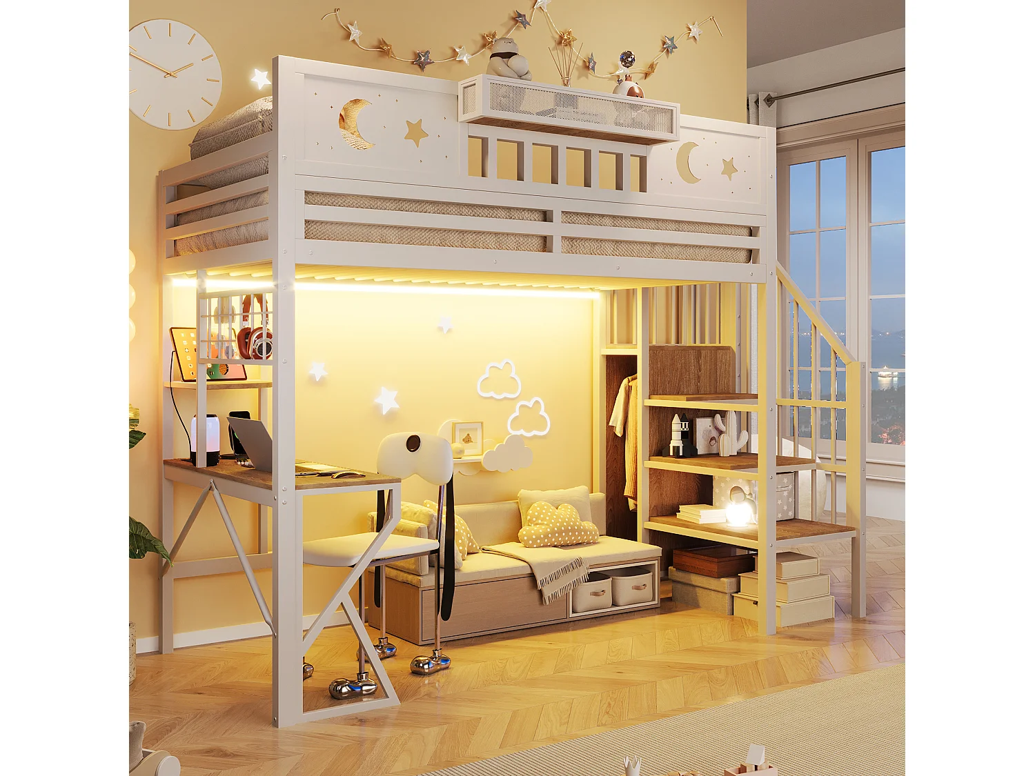 Lit mezzanine 90 x 200 cm avec bureau, panneau perforé, étagères – Métal et MDF – LED + USB –  Blanc (Sans matelas)