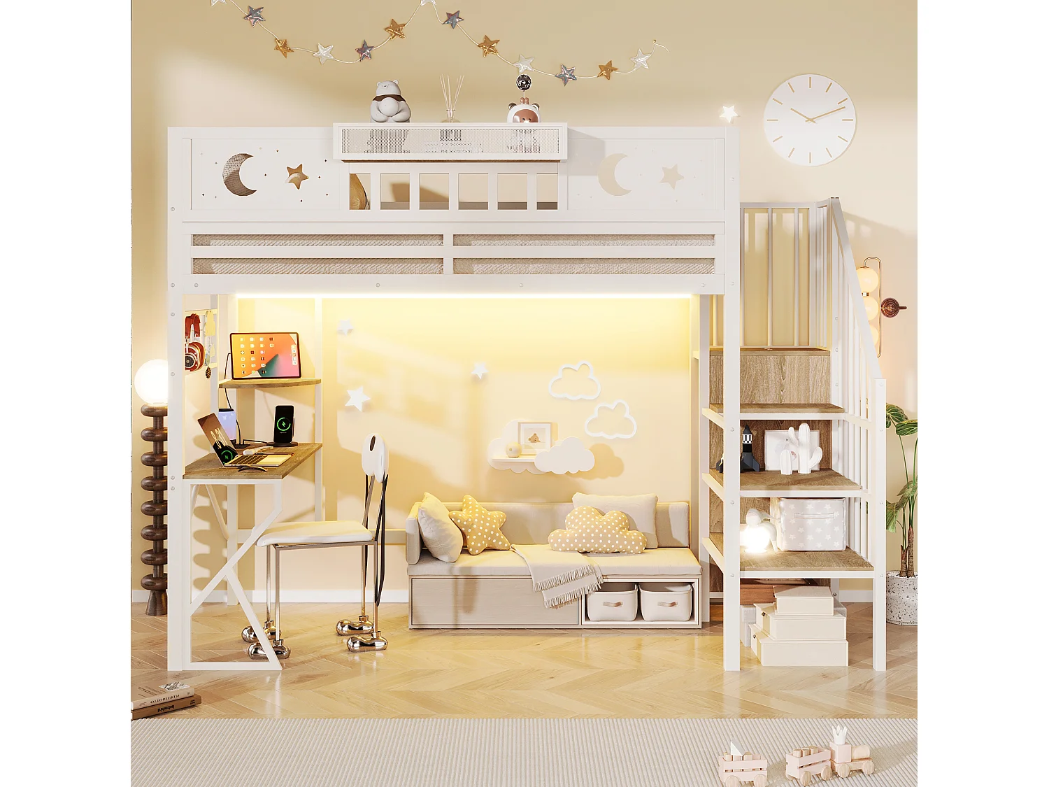Lit mezzanine 90 x 200 cm avec bureau, panneau perforé, étagères – Métal et MDF – LED + USB –  Blanc (Sans matelas)
