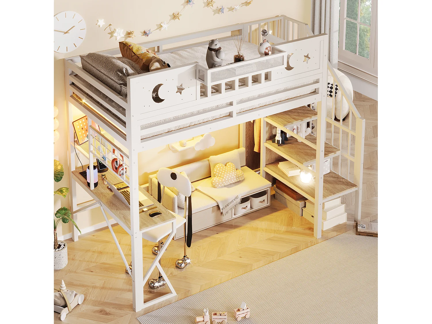 Lit mezzanine 90 x 200 cm avec bureau, panneau perforé, étagères – Métal et MDF – LED + USB –  Blanc (Sans matelas)
