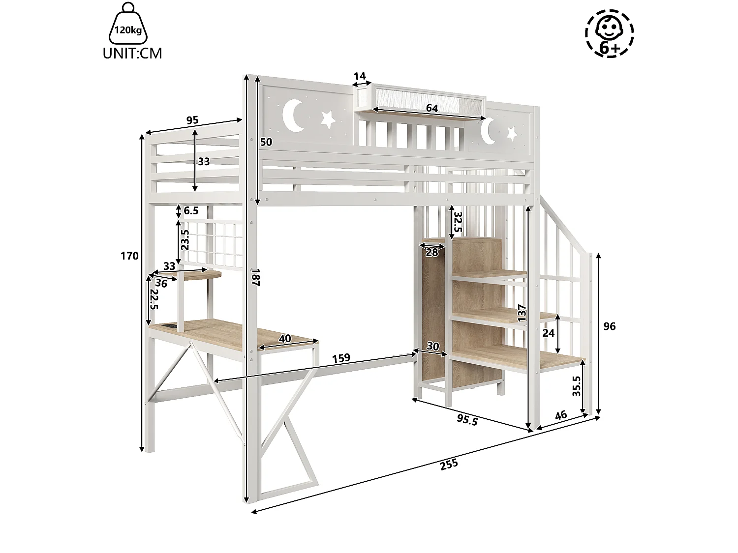 Lit mezzanine 90 x 200 cm avec bureau, panneau perforé, étagères – Métal et MDF – LED + USB –  Blanc (Sans matelas)