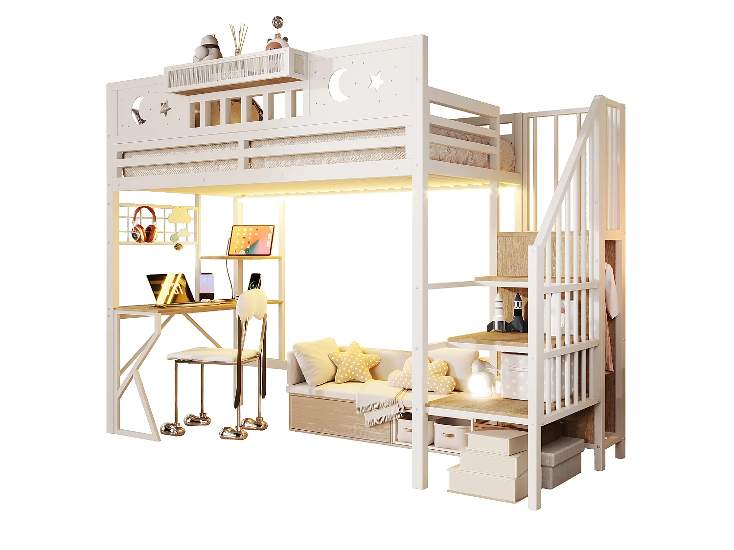 Lit mezzanine 90 x 200 cm avec bureau, panneau perforé, étagères – Métal et MDF – LED + USB –  Blanc (Sans matelas)