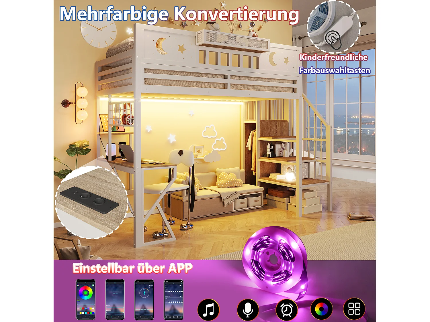 Lit mezzanine 90 x 200 cm avec bureau, panneau perforé, étagères – Métal et MDF – LED + USB –  Blanc (Sans matelas)