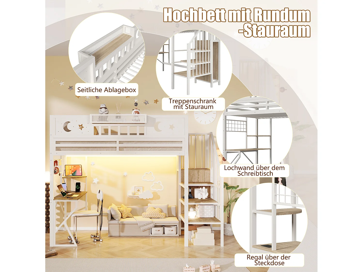 Lit mezzanine 90 x 200 cm avec bureau, panneau perforé, étagères – Métal et MDF – LED + USB –  Blanc (Sans matelas)