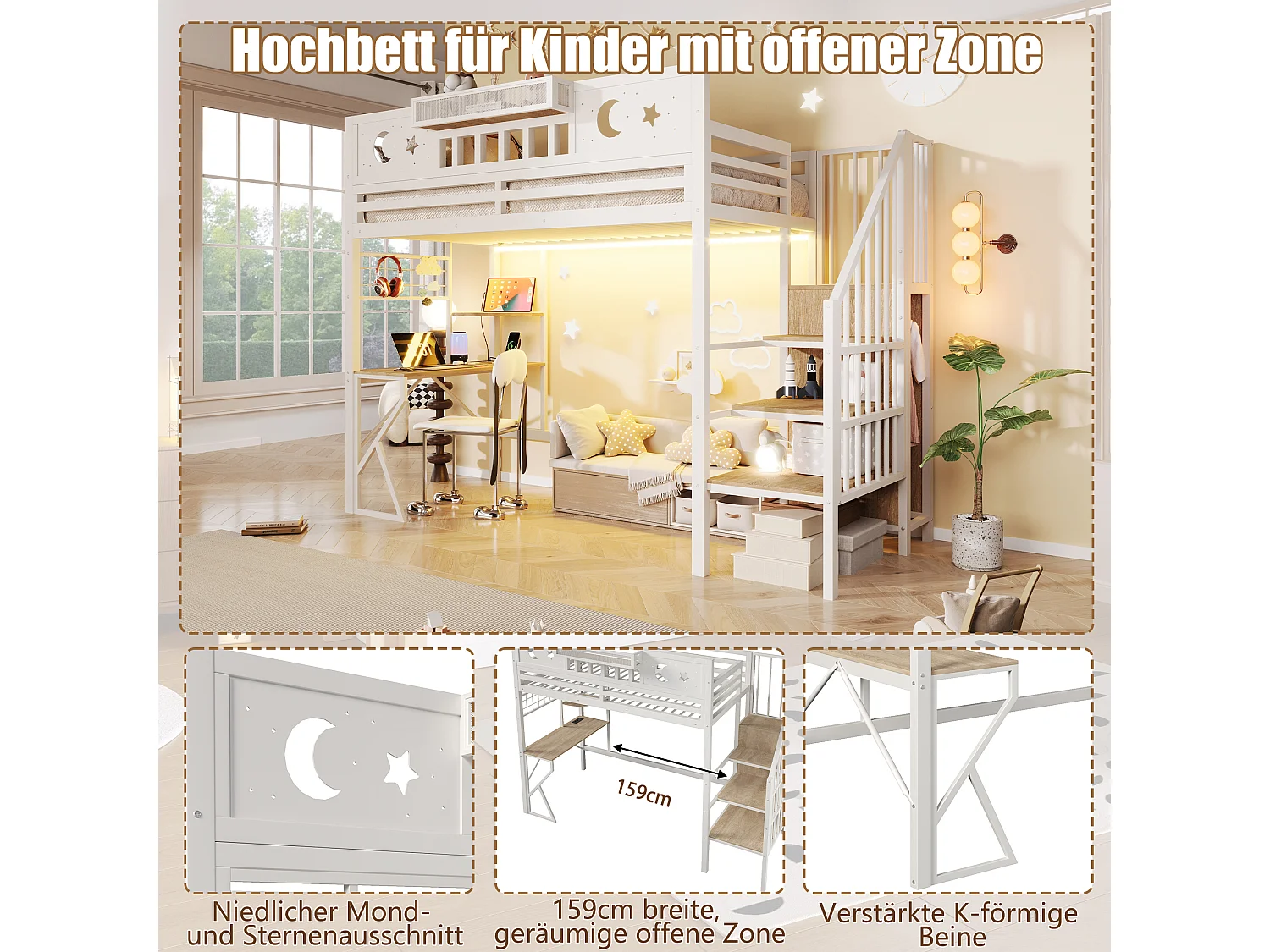 Lit mezzanine 90 x 200 cm avec bureau, panneau perforé, étagères – Métal et MDF – LED + USB –  Blanc (Sans matelas)