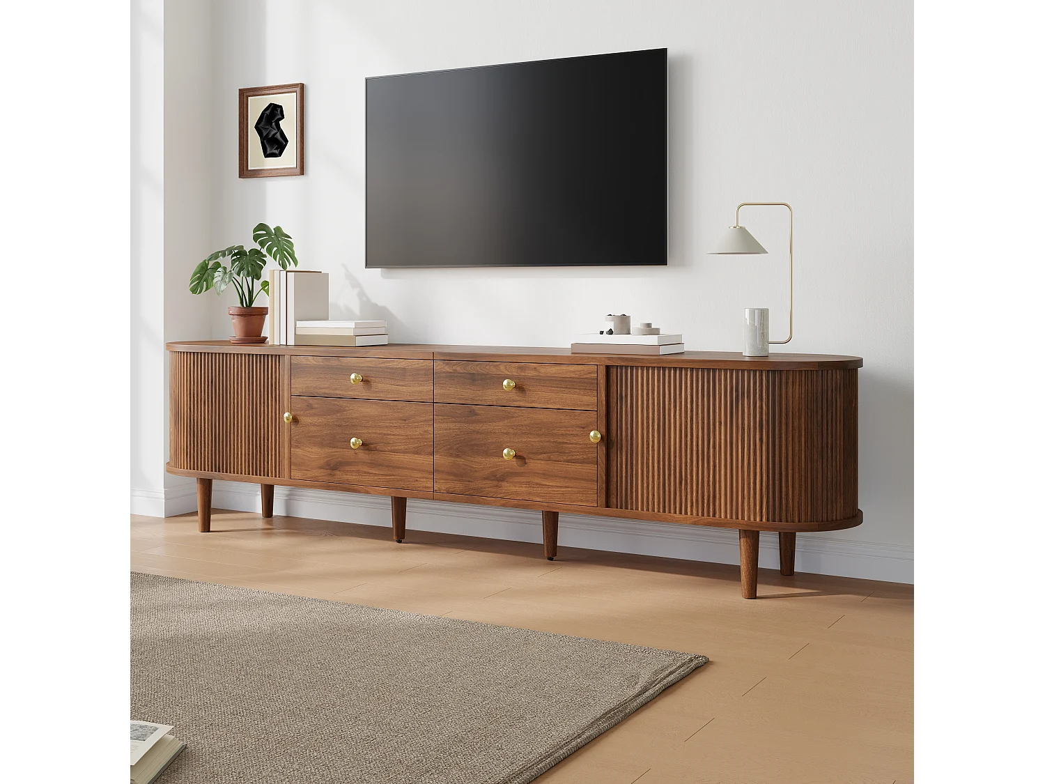 Meuble TV 180x35x50 cm - 4 tiroirs et 2 portes coulissantes - Pieds en bois et poignées en métal - Marron
