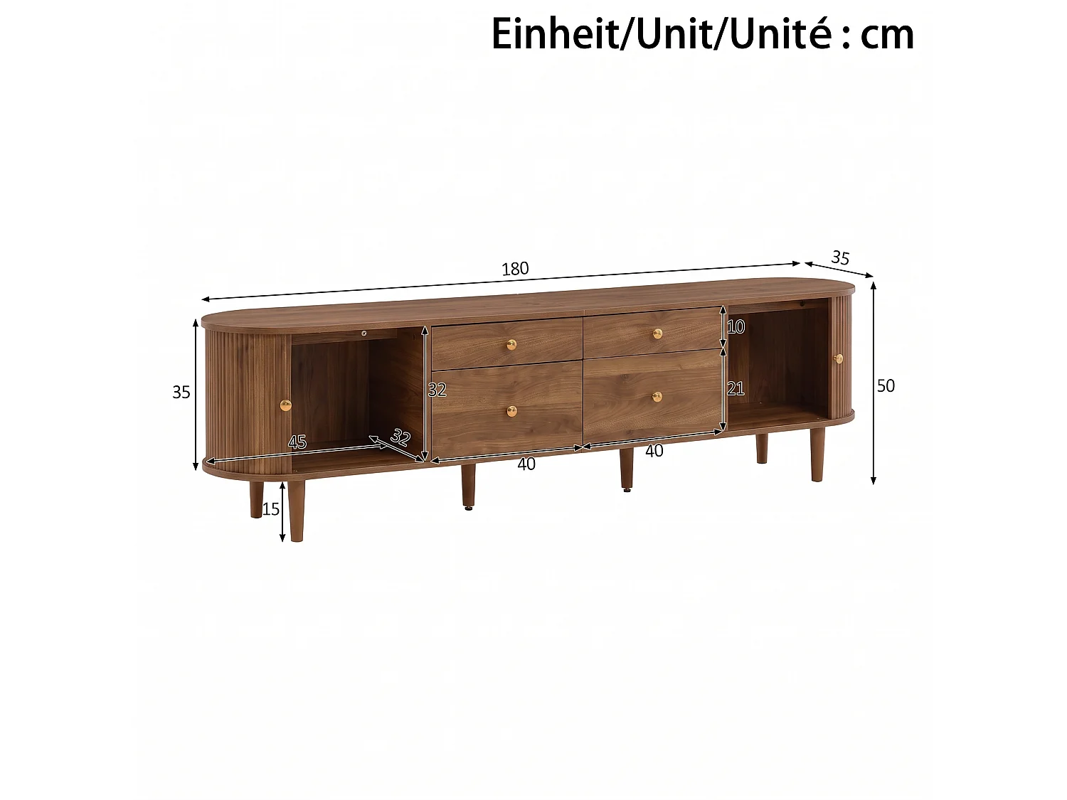 Meuble TV 180x35x50 cm - 4 tiroirs et 2 portes coulissantes - Pieds en bois et poignées en métal - Marron