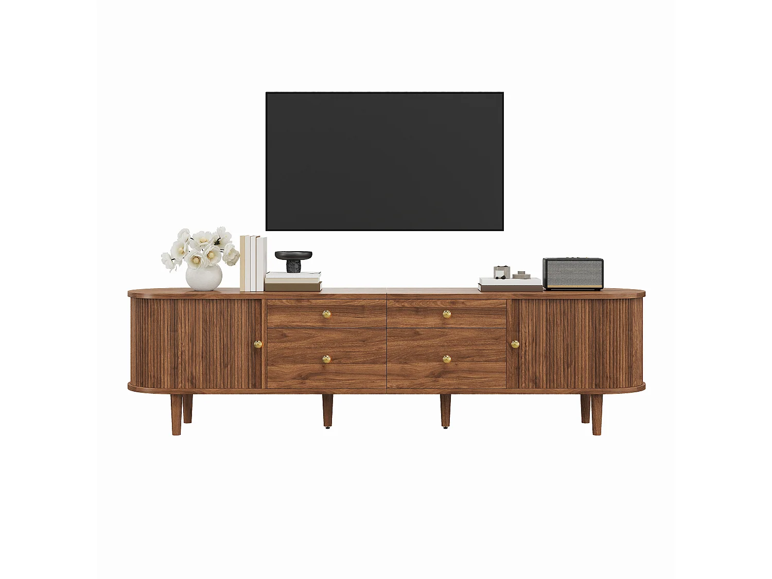 Meuble TV 180x35x50 cm - 4 tiroirs et 2 portes coulissantes - Pieds en bois et poignées en métal - Marron
