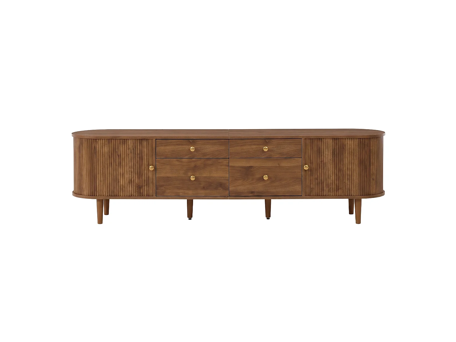 Meuble TV 180x35x50 cm - 4 tiroirs et 2 portes coulissantes - Pieds en bois et poignées en métal - Marron