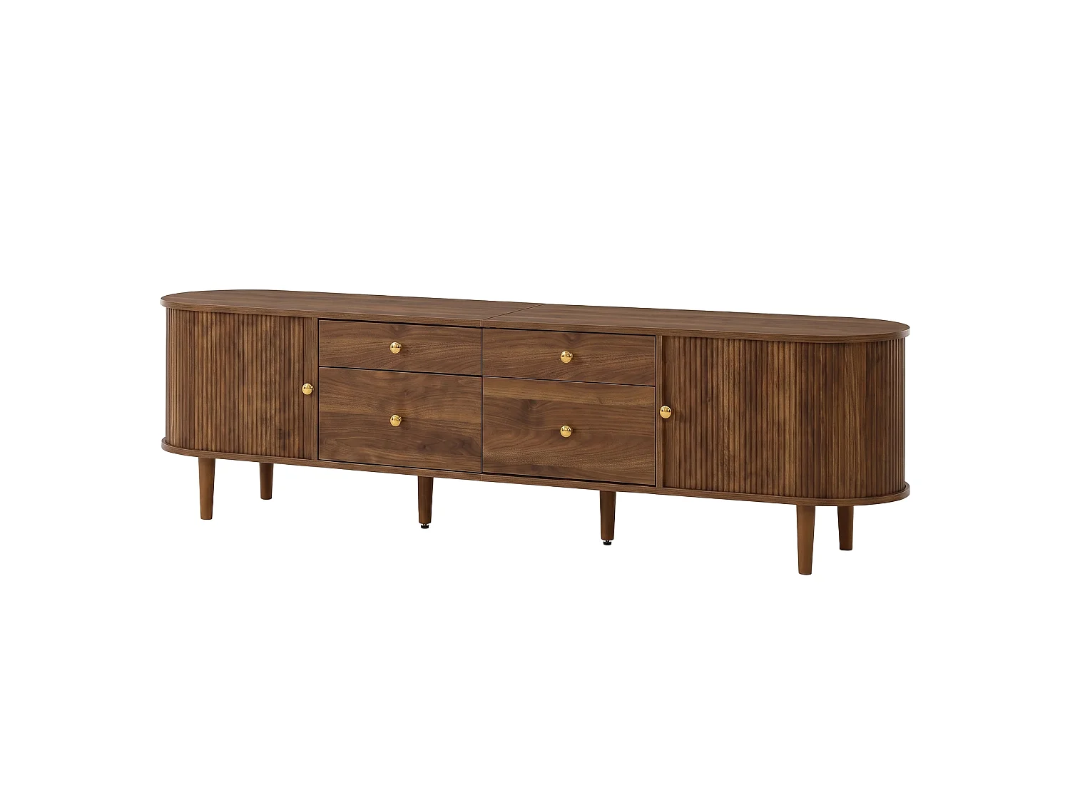 Meuble TV 180x35x50 cm - 4 tiroirs et 2 portes coulissantes - Pieds en bois et poignées en métal - Marron