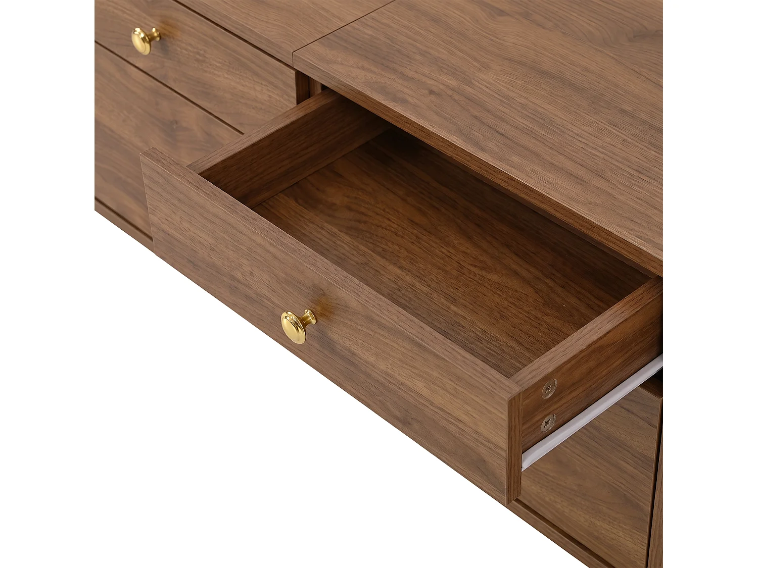 Meuble TV 180x35x50 cm - 4 tiroirs et 2 portes coulissantes - Pieds en bois et poignées en métal - Marron