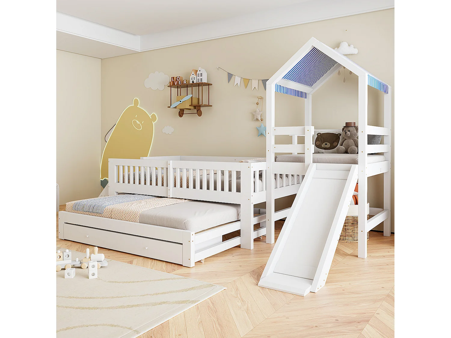 Kinderbett 90x200cm - mit Bettunterbau 90x190cm - mit Rutsche - mit seitlicher Leiter - mit 2 Schubladen - weiß (Matratze nicht enthalten)